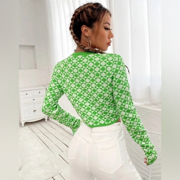 Zara Green Cream Geometric Button Front Cardigan Sweater Cropped Fitted - Picture 2 of 12